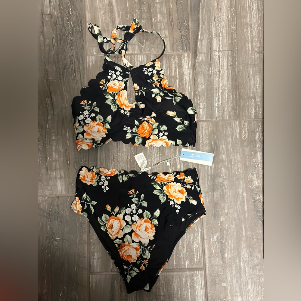 CUPSHE black and orange scallop high waisted bikini